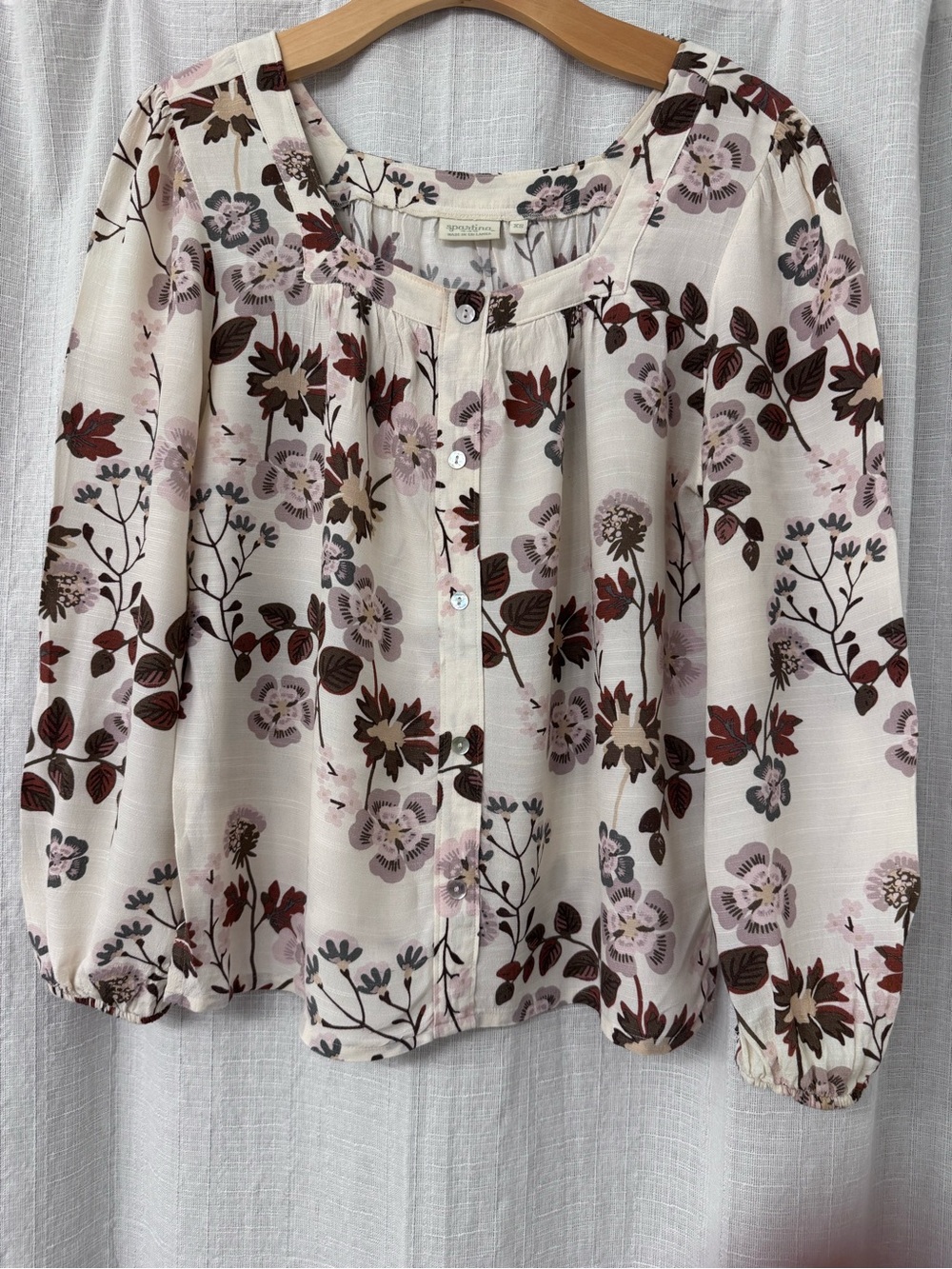 Spartina 449 Cream Button-Front Floral Blouse with Pink & Burgundy Accents